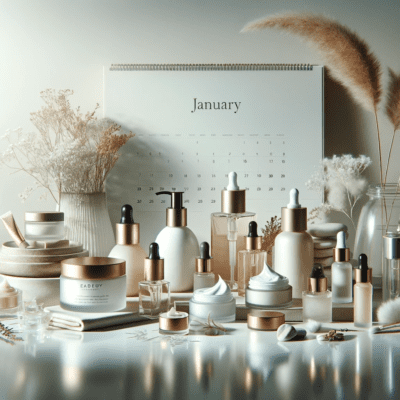 A selection of skincare products infront of a calender showing the month of January.