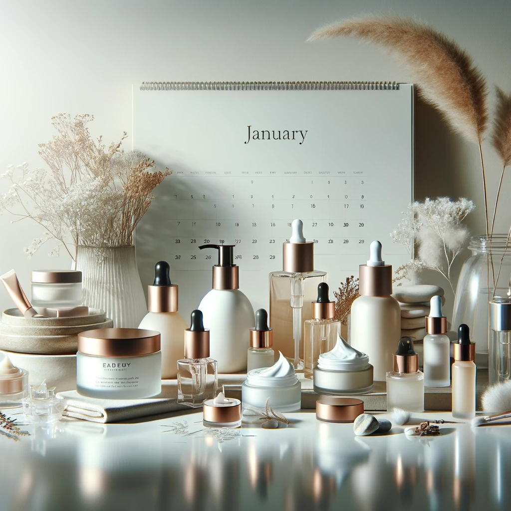 A selection of skincare products infront of a calender showing the month of January.